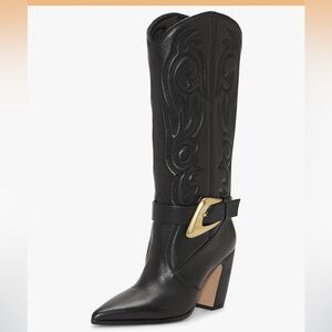 Vince Camuto Black Heeled Boots with Gold Accent